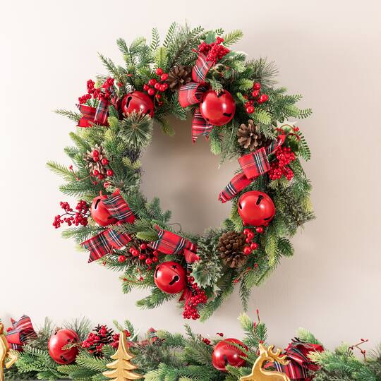 Glitzhome® 26" Christmas Bell Pinecone & Berry Bow Wreath